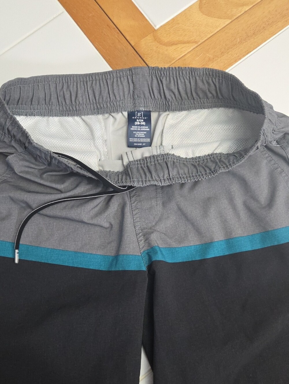 George Men's Gray and Black Swim Trunks with Teal Stripe